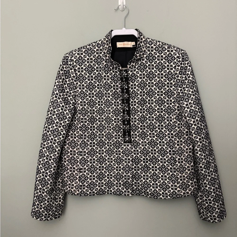 Tory Burch Embellished Jacquard Jacket Size 12 Navy Ivory Collarless Blazer
